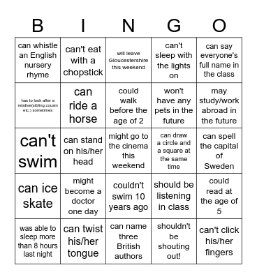 Modal Verbs Bingo! Bingo Card