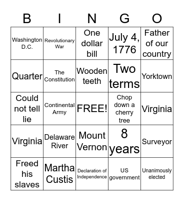 George Washington Bingo Card
