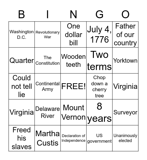 George Washington Bingo Card