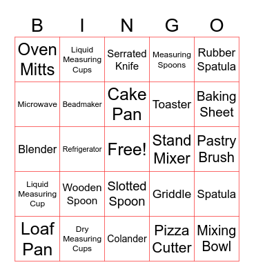 Kitchen Utensils Bingo Card