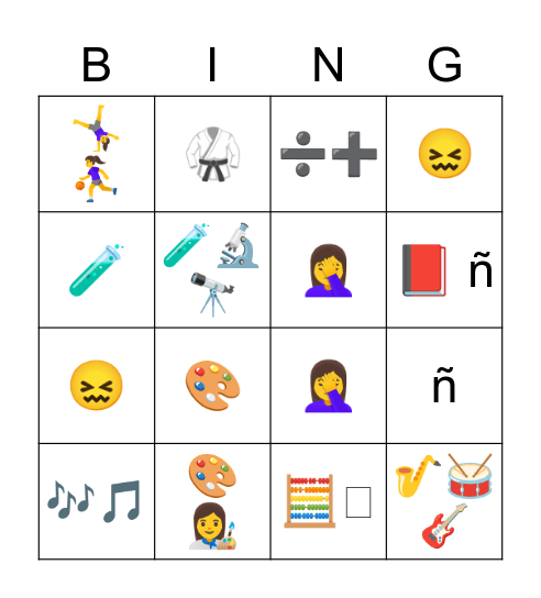 Las clases y los materiales Bingo Card