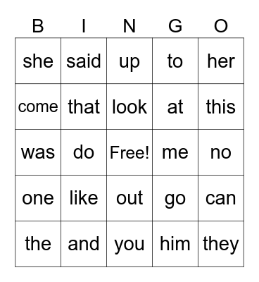 Sight words Bingo Card