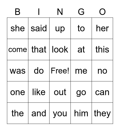Sight words Bingo Card