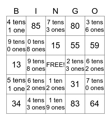 Place Value Bingo Card