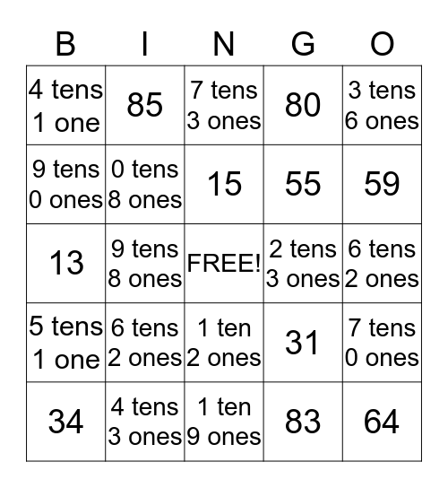 Place Value Bingo Card