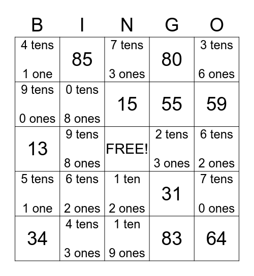 Place Value Bingo Card