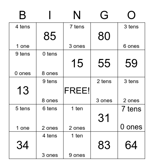 Place Value Bingo Card