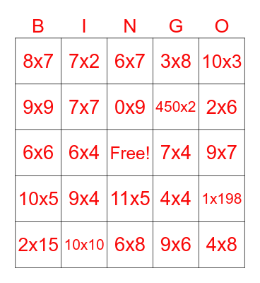 multiplication Bingo Card