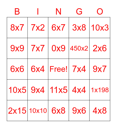 multiplication Bingo Card