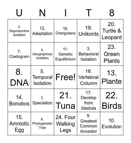 Unit 8 - Speciation and Cladograms Bingo Card