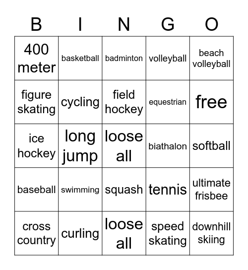 Olympic Sports Bingo Card