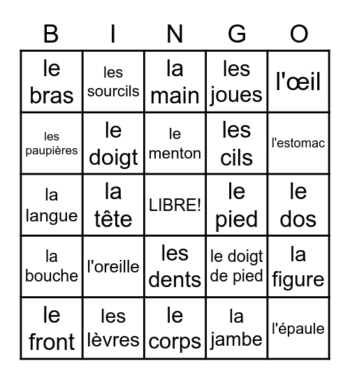 Le corps Unité 9 Bingo Card