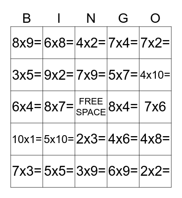 Multiplication Bingo Card