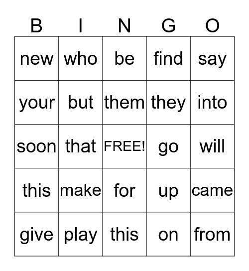 Sight words Bingo Card