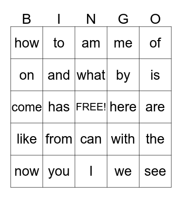 Sight words Bingo Card