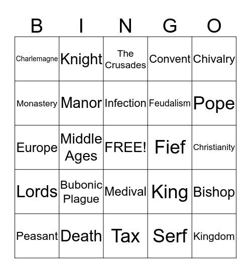 Middle Ages Bingo Card