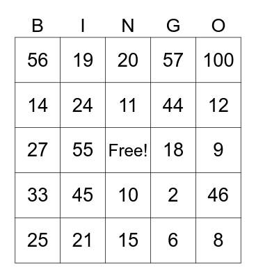 Multiplication Bingo Card