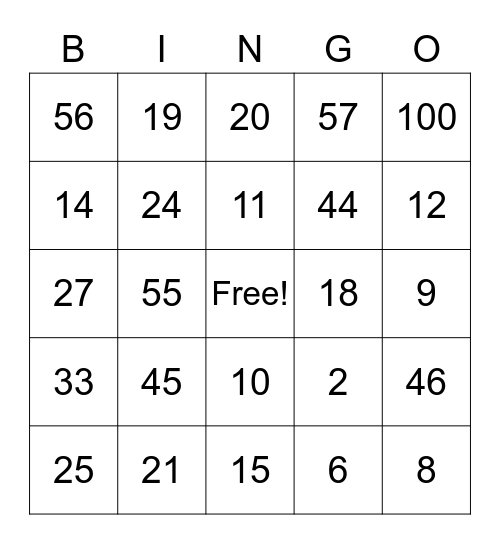 Multiplication Bingo Card