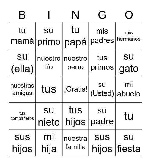 Adjectivos Posesivos Bingo Card