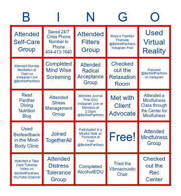 GSU BeWellPanthers Bingo Card
