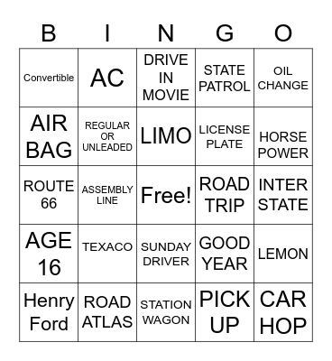 AUTOMOBILE BINGO Card