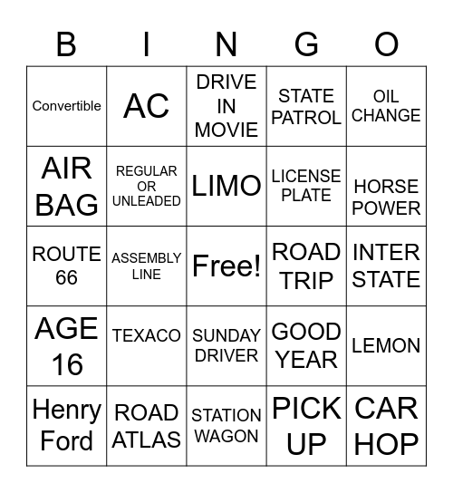 AUTOMOBILE BINGO Card