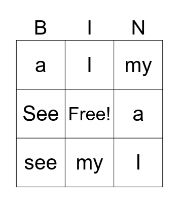 Sight Words Bingo Card