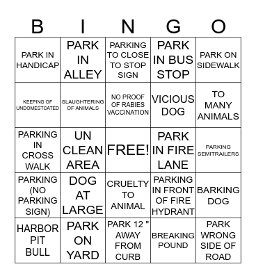 ANIMAL CONTROL Bingo Card