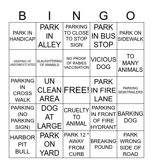 ANIMAL CONTROL Bingo Card