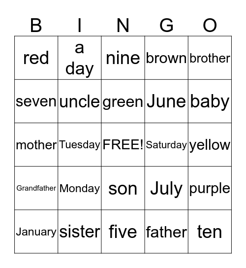 French Words Bingo Card