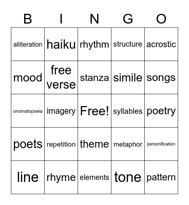 Poetry Bingo Card