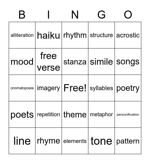 Poetry Bingo Card