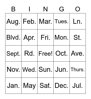 Abbreviation Bingo Card