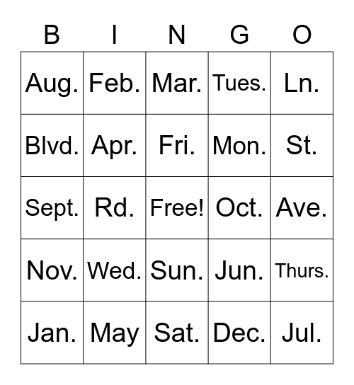 Abbreviation Bingo Card