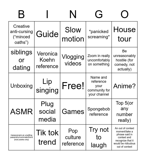 Viral video bingo for COM 109 Bingo Card