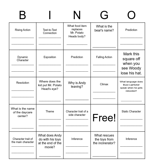 Language Arts Skills BING Board Bingo Card