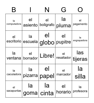 Los Materiales Escolares Bingo Card