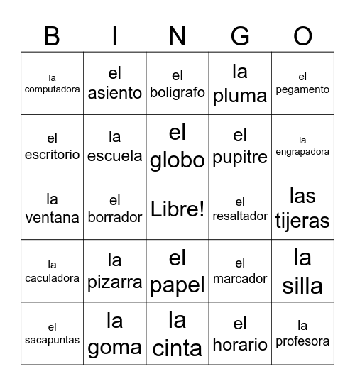 Los Materiales Escolares Bingo Card