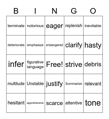 Vocabulary Bingo 3 Bingo Card