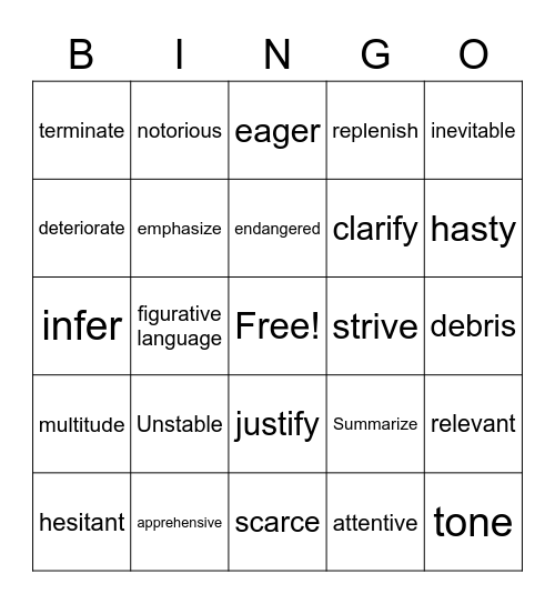 Vocabulary Bingo 3 Bingo Card