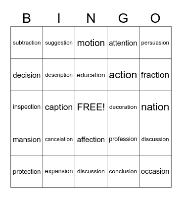 tion/sion words Bingo Card