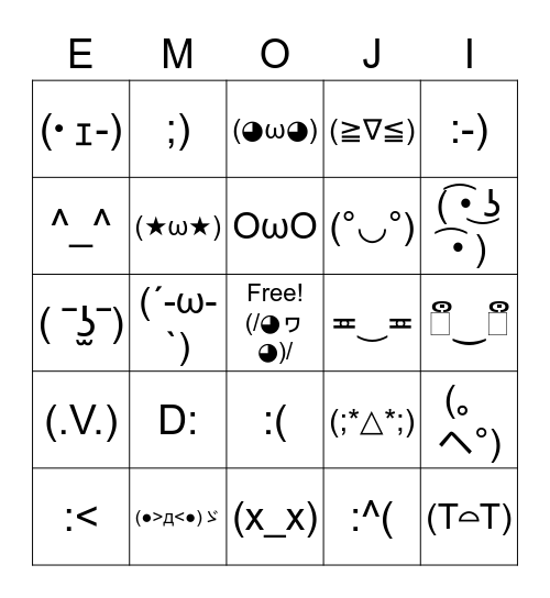 UwU Emoticons Bingo ∠( ᐛ 」∠)＿ Bingo Card