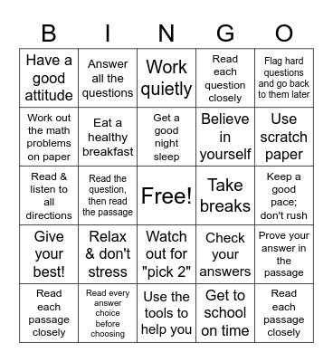 Test Taking Smarties Bingo Card
