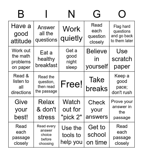 Test Taking Smarties Bingo Card