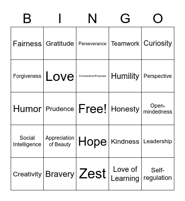 Character Strengths Bingo Card