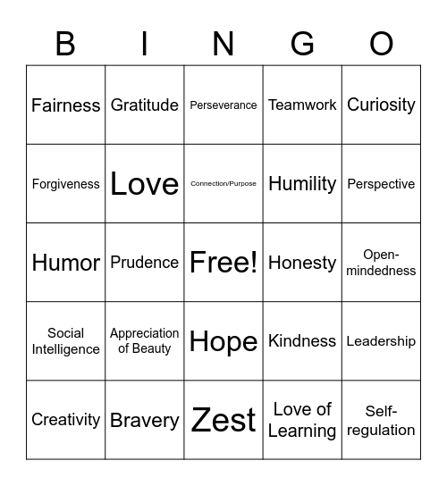 Character Strengths Bingo Card