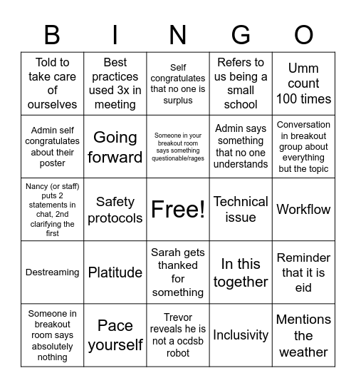 Staff meeting Bingo Card