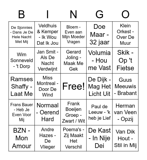 Nederlandstalige Muziek Bingo Card