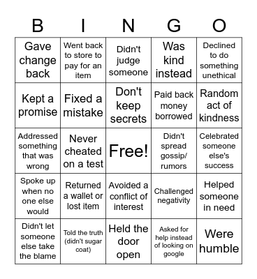 INTEGRITY BINGO Card