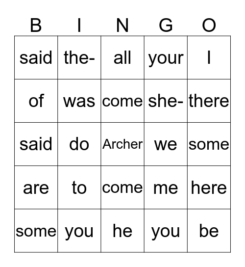 Archers Sight Words Bingo Card